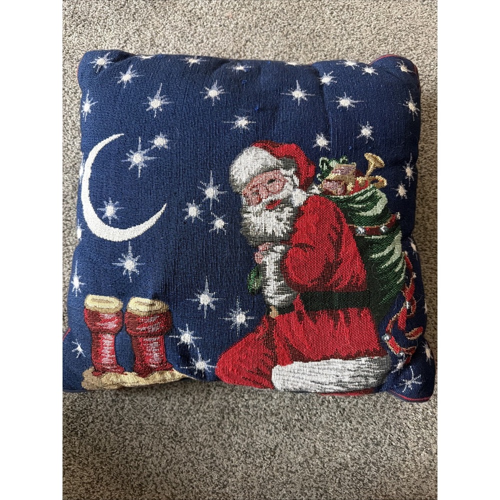 Vintage Christmas Decorative Throw Pillow Red Tapestry Santa Clause 17x17"